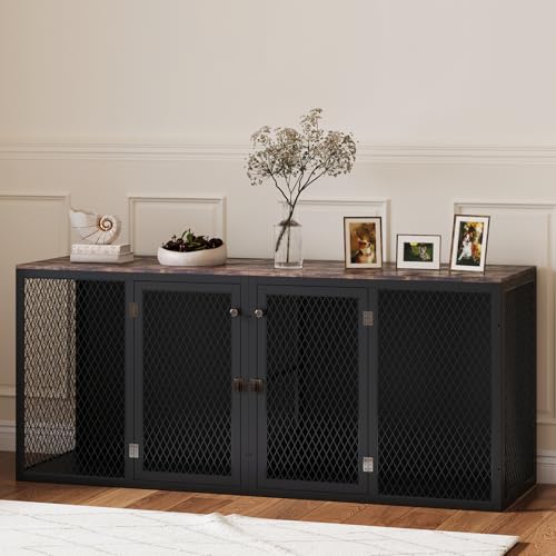 71 Inch Dog Crate Furniture for 2 Dogs, XXL Double Cage with Removable Divider & Large Doors, Heavy Duty Wooden Dog Kennel, Indoor Pet House (Black