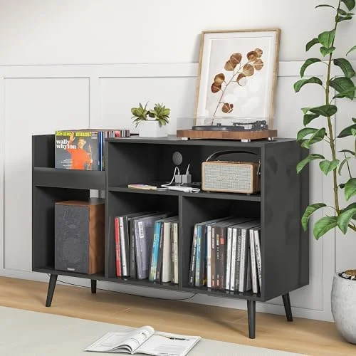 KHBIULIFE Mid-Century Record Player Stand with  Vinyl Record Cabinet Record Player Table with Power Outlet Turntable Stand Large Record Holder Holds