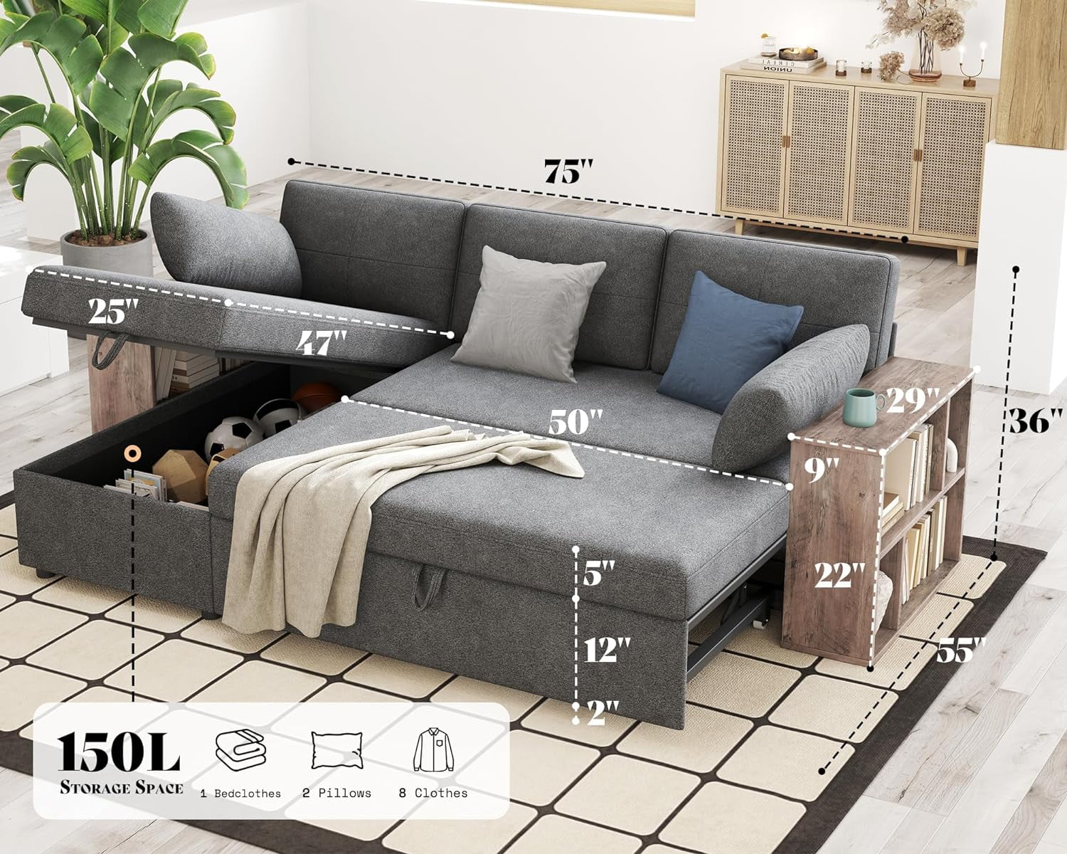 PaPaJet Sleeper Sofa, Pull Out Sofa Bed with 2 Cabinet Armrest, L Shape Sectional Couch Bed with Storage Chaise-Grey Couch