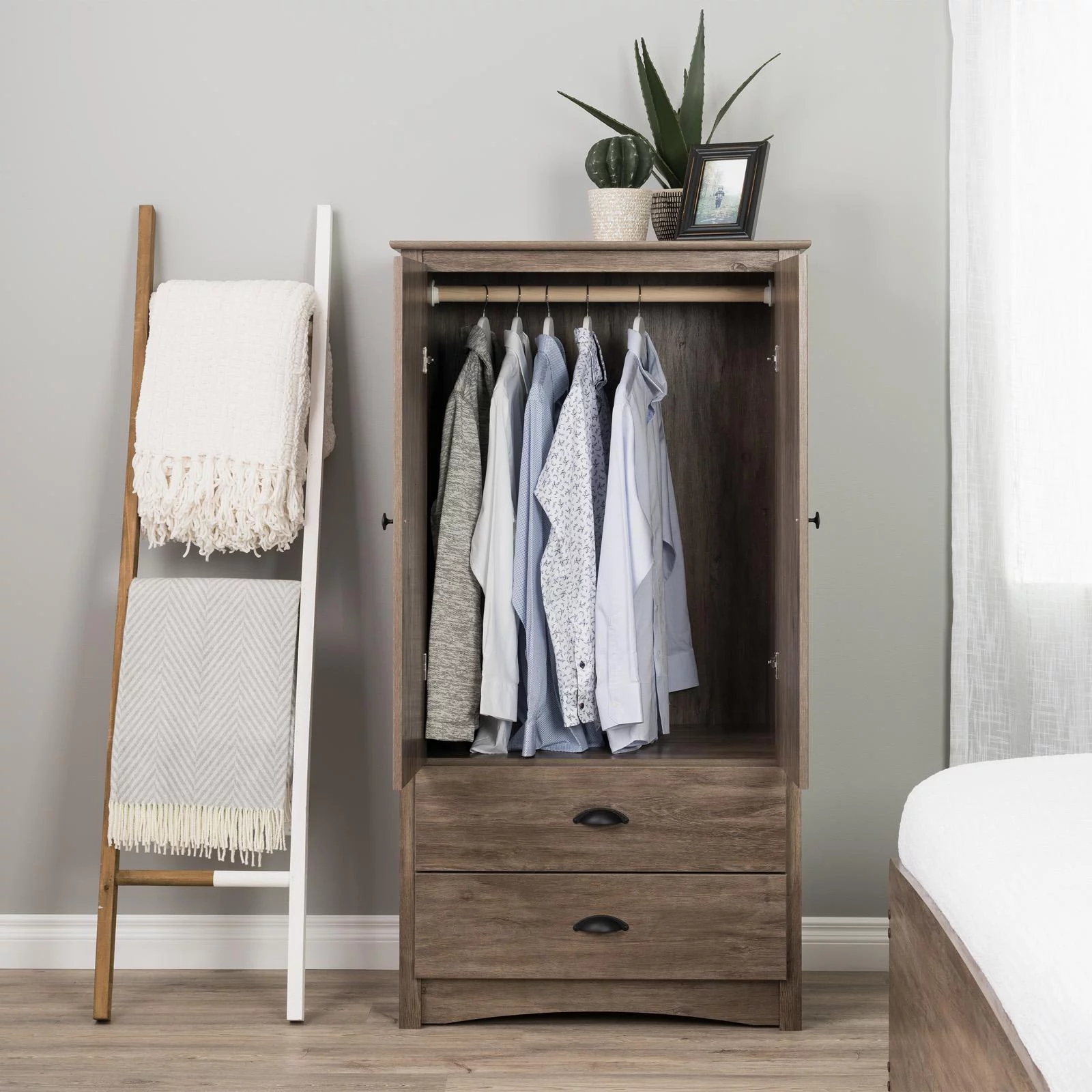 Prepac Salt Spring Wooden 2 Door Bedroom Armoire in Drifted Gray