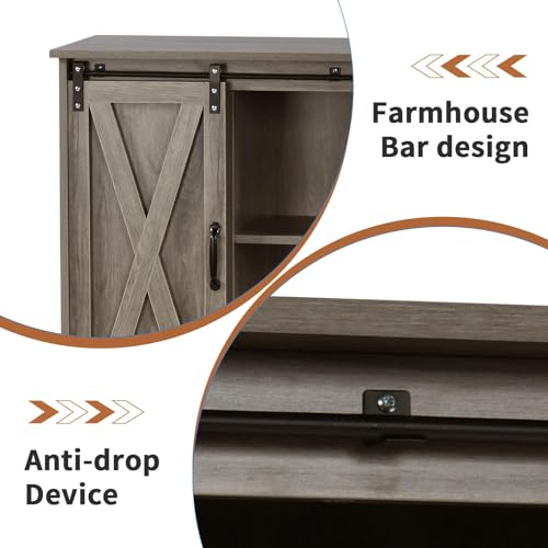 4 EVER WINNER Coffee Bar Cabinet with Sliding Barn Doors, 42” Sideboard Buffet Cabinet with Storage