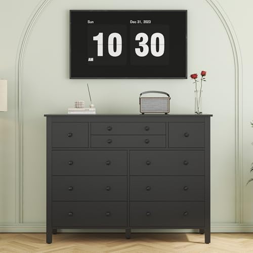 10 Drawer Large Black Dresser for Bedroom, 47.2" Long Chest of Drawers with Deep Drawers, Modern Wooden Storage Dresser for Closet