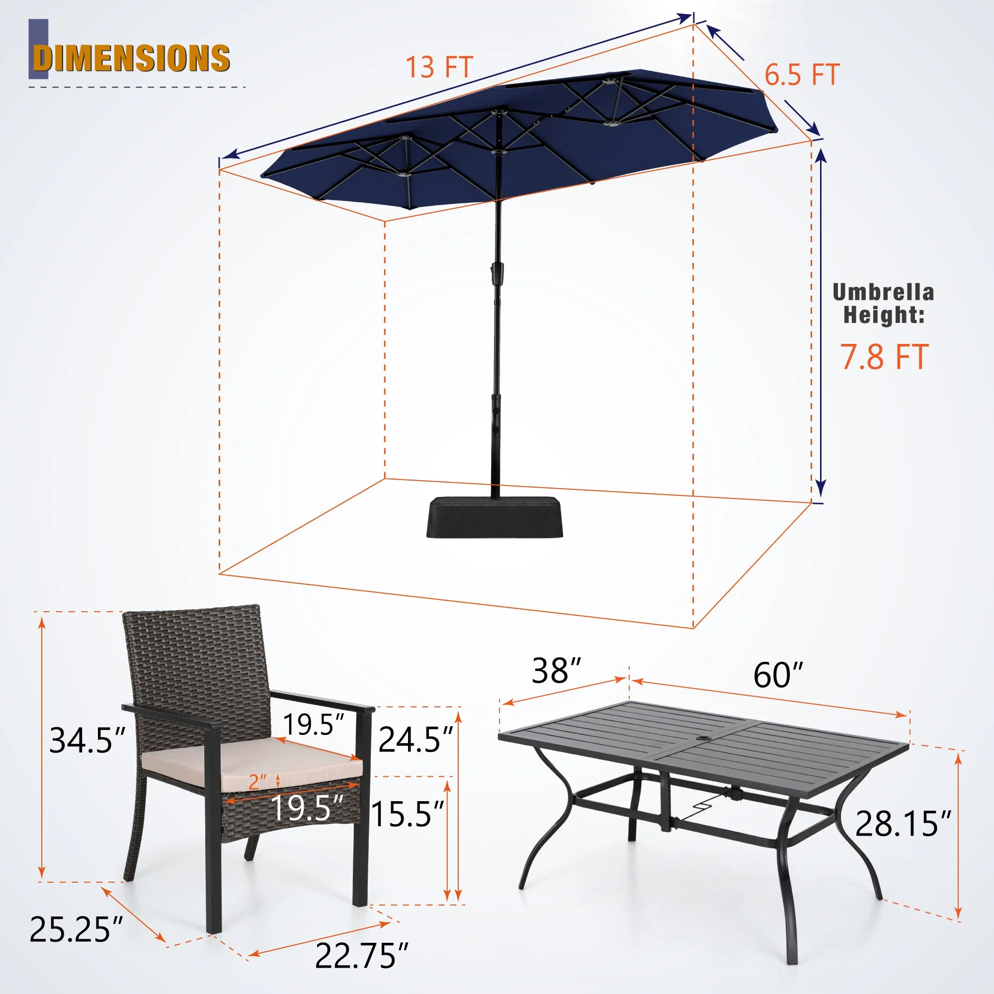 Sophia & William 8-Piece Outdoor Patio Set with 13 ft Umbrella, Rattan Chairs & Rectangle Table for 6, Navy Umbrella