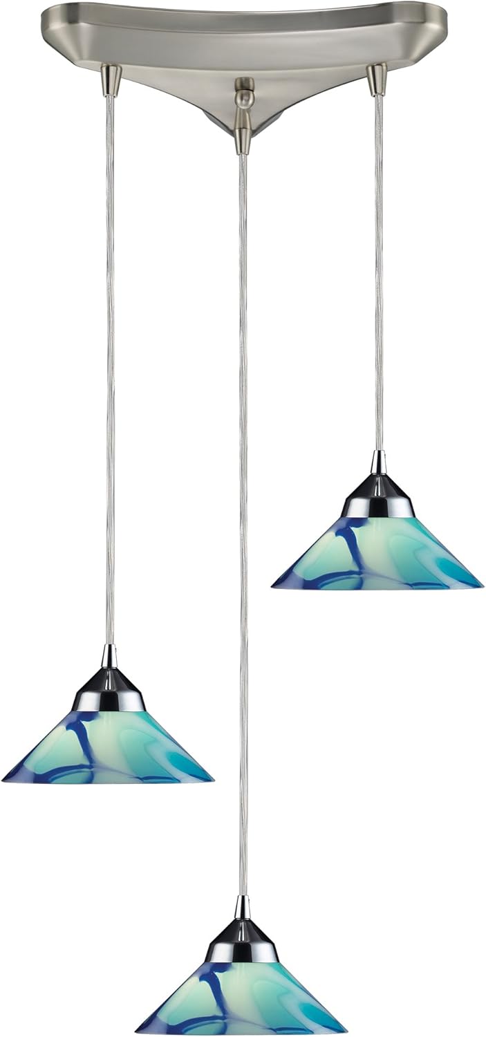 Elk 1477/3CAR 3 Polished Chrome and Caribbean Glass Pendant Light, 10W X 10D X 4H