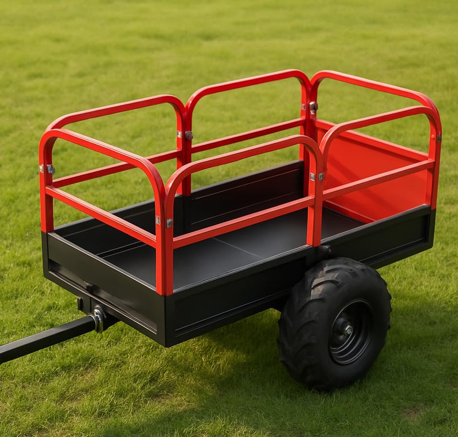 Heavy Duty ATV Trailer Dump Car, Utility Steel Yard Trailer, 1700-Pound Capacity Garden Dump Carts, Hand Pull or Foot Pedal Dump Cart for ATV, UTV