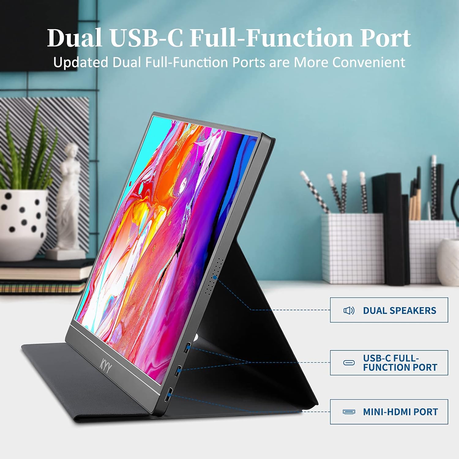 KYY Portable Monitor 15.6'' 1080P FHD USB-C Laptop Monitors w/Smart Cover & Dual Speaker