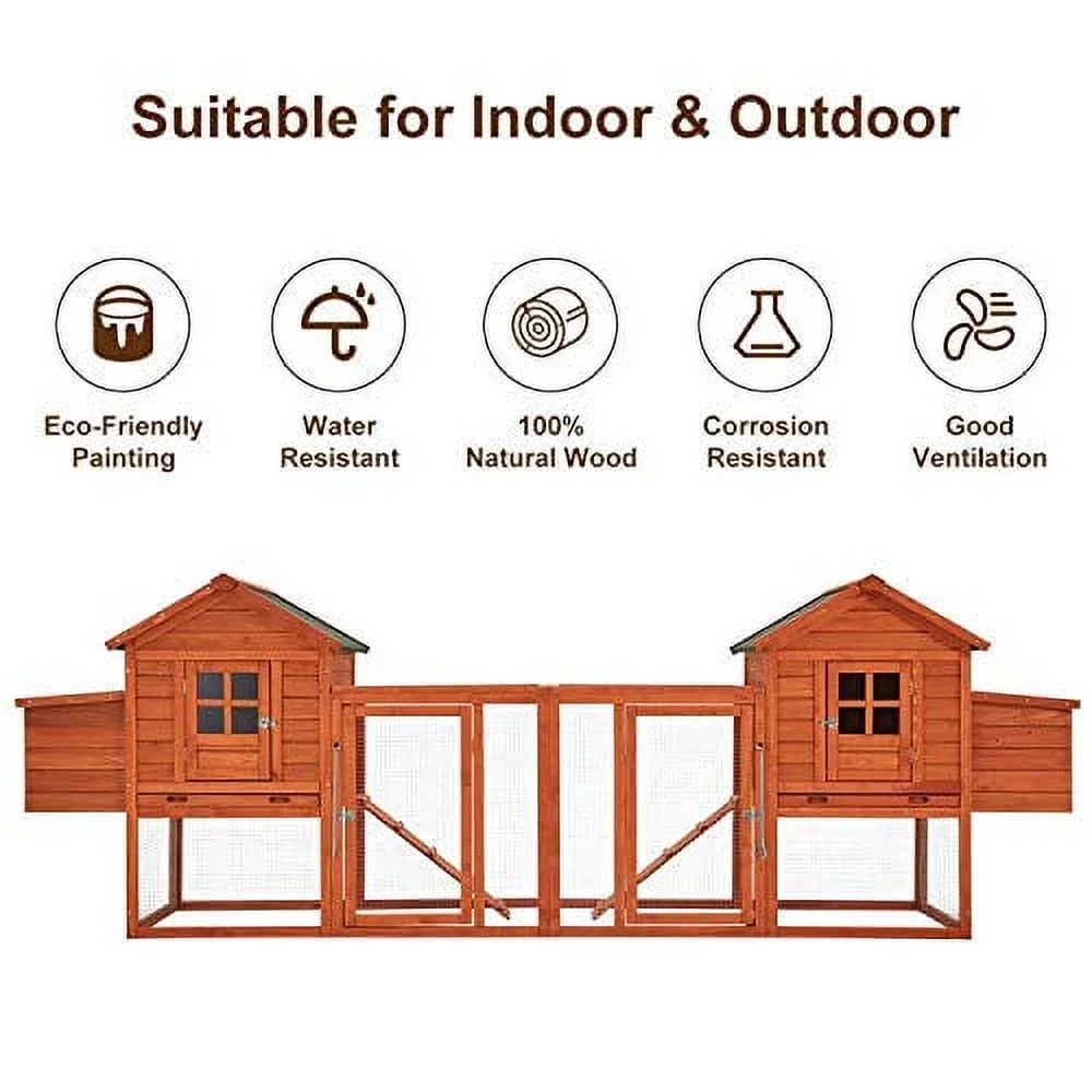 YODOLLA 144” Large Wooden Chicken Coop, Outdoor Hens House with Ramps and Nesting Boxes,Brown - Curated Treasures Market