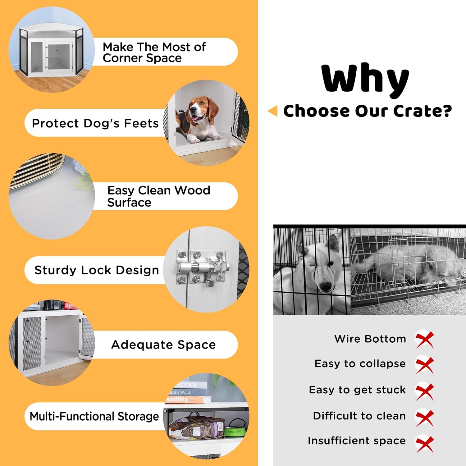 Dreamania Corner Dog Crate Furniture with Storage, 51.3" Upgraded Modern Dog Cage, End Table, Indoor Pet Crate Small Medium Large Dogs, White