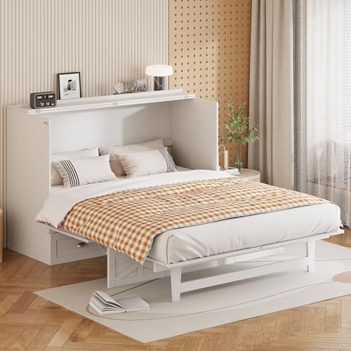 Harper & Bright Designs Full Size Murphy Bed Wall Bed, Solid Pine Murphy Bed Chest Cube Cabinet Bed with USB