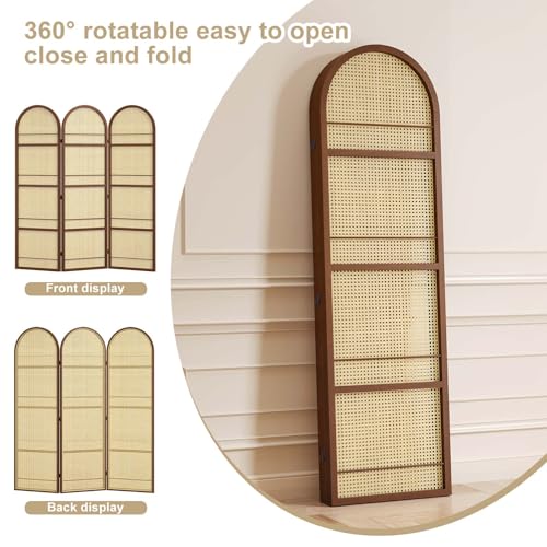 Room Divider and Folding Privacy Screens, Pine Wood 5.6 Ft Double Hinged Rattan Partition Freestanding Wall Room Divider for Home - 3 Panels