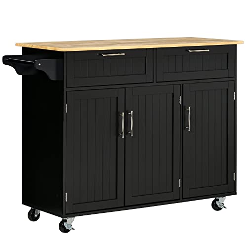 HOMCOM Mobile Kitchen Island with Storage, Kitchen Cart with Wood Top, Storage Drawers, 3-Door Cabinets, Adjustable Shelves and Towel Rack, White