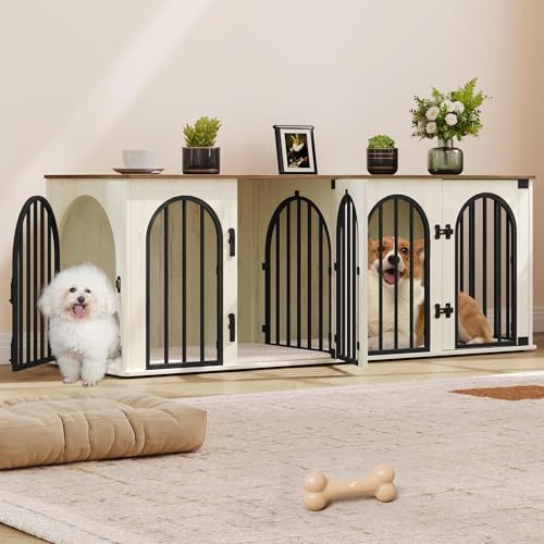 71" Dog Crate Furniture for 2 Dogs, Heavy Duty Indoor Dog Kennel TV Stand, XXL Wooden Dog Cage with Divider for Medium Large Dogs
