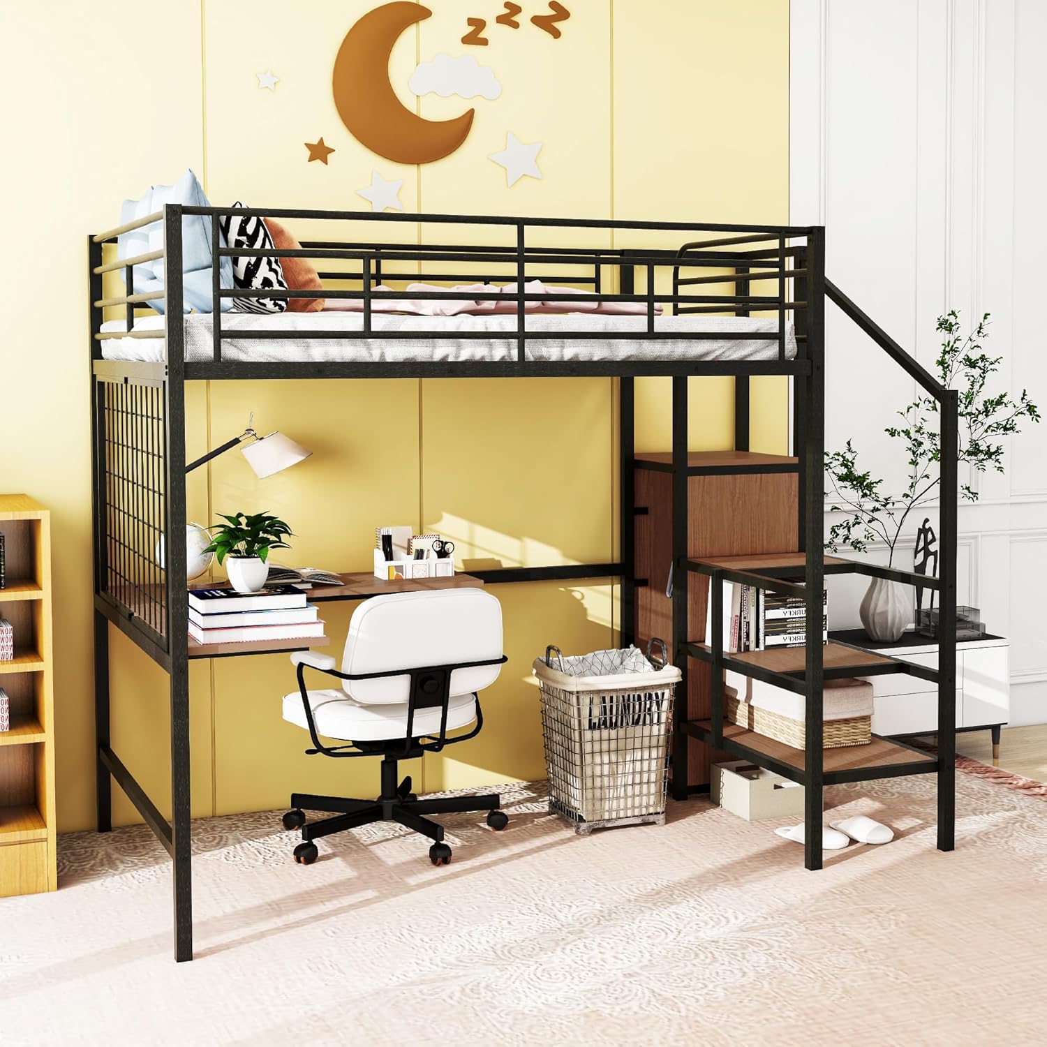 Harper & Bright Designs Metal Full Size Loft Bed with Desk and and Metal Grid, Loft Bed Full with Storage Stairs and Wardrobe