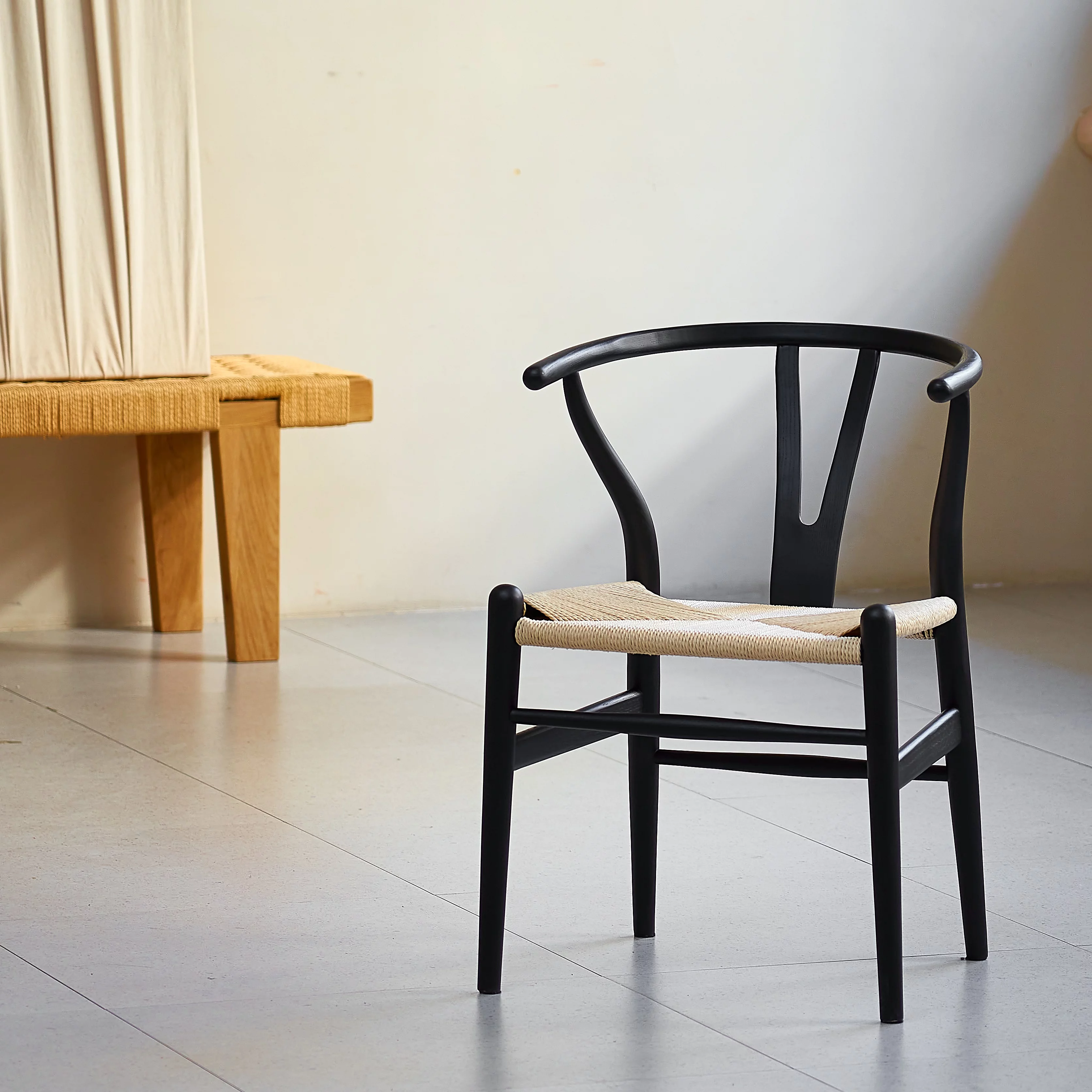 Tomile Dining Chair, Wishbone Chair Mid-Century Solid Wood Y Chair, Rattan Armchair (Ash Wood - Black with Natural Seat) - Radiant Selections