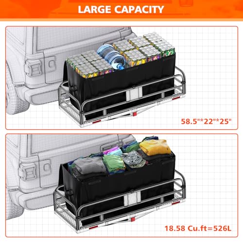 Hitch Mount Cargo Carrier Basket 500 LBS Folding Vehicle Cargo Baskets 60" x 24" x 14" Fits 2" Receiver with 2" Hitch Stabilizer for SUV