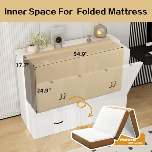 FAMAPY Twin Murphy Bed with Built-in Charging Station, Space-Saving Murphy Bed Chest Twin with Drawer, Foldable