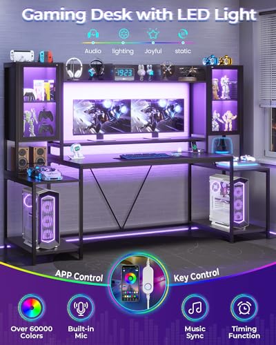 SEDETA Gaming Desk 74.8'' with LED Lights, Hutch and Storage Shelves, Computer Desk with Monitor Stand, Large PC Gamer Desk Workstation
