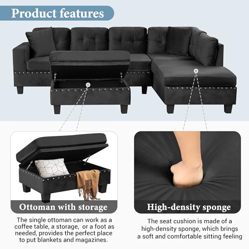 Merax Modern Sectional Sofa with Storage Ottoman, L Shaped Couch with 2 Pillows and 2 Cup Holders