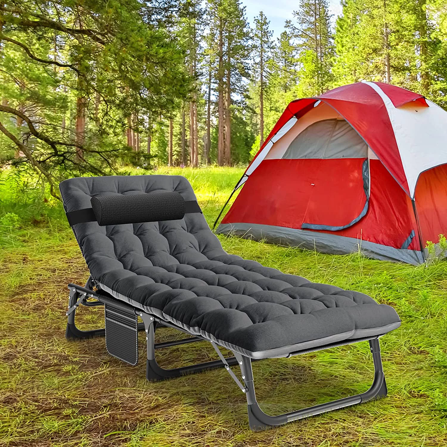 Slsy Folding Sleeping Cots Bed with 2 Sided Mattress & Pillow, Folding Camping Cot, Adjustable 4-Position Folding Lounge Chair