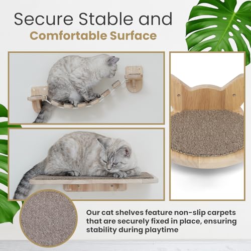 Cat Wall Shelves & Furniture Set (9 Pieces)-Durable Rubber Wood & Non-Slip Carpet, Includes Washable Hammock, Shelf, Climbing Scratcher, Ladder