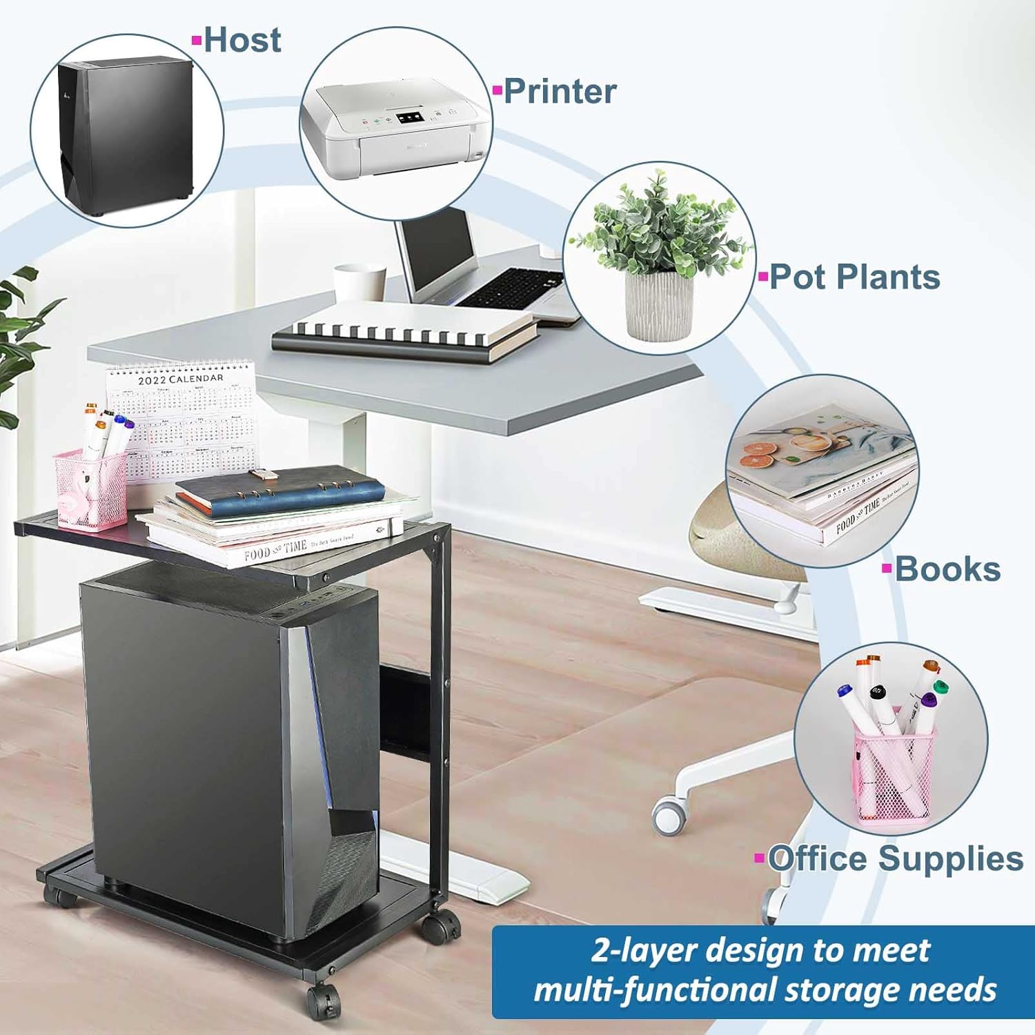 Bfttlity Computer Tower Stand, Iron PC Stand 2-Tier CPU Stand with Locking Caster Wheels Suitable for Most PC
