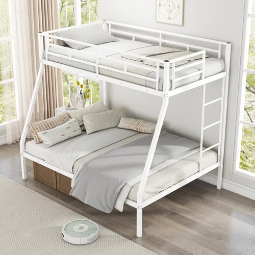 KOMFOTT Twin Over Full Bunk Bed with Trundle, Heavy-Duty Metal Bunk Bed Frame with Guardrail & 2 Ladders, Space-Saving Bunk Bed for Kids/Teens/Adults