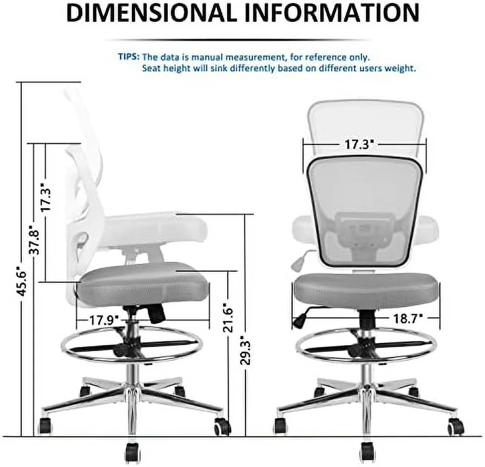 Drafting Chair  Tall Office Chair for Standing Desk  Drafting Stool with Lumbar Support  Adjustable Height and Foot Ring  Grey