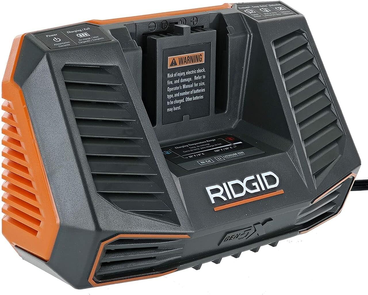 Ridgid R840095 Gen5X Genuine OEM Dual Chemistry Battery Charger for 18V lithium ion or NiCad batteries with Temperature Monitoring and Energy Saving
