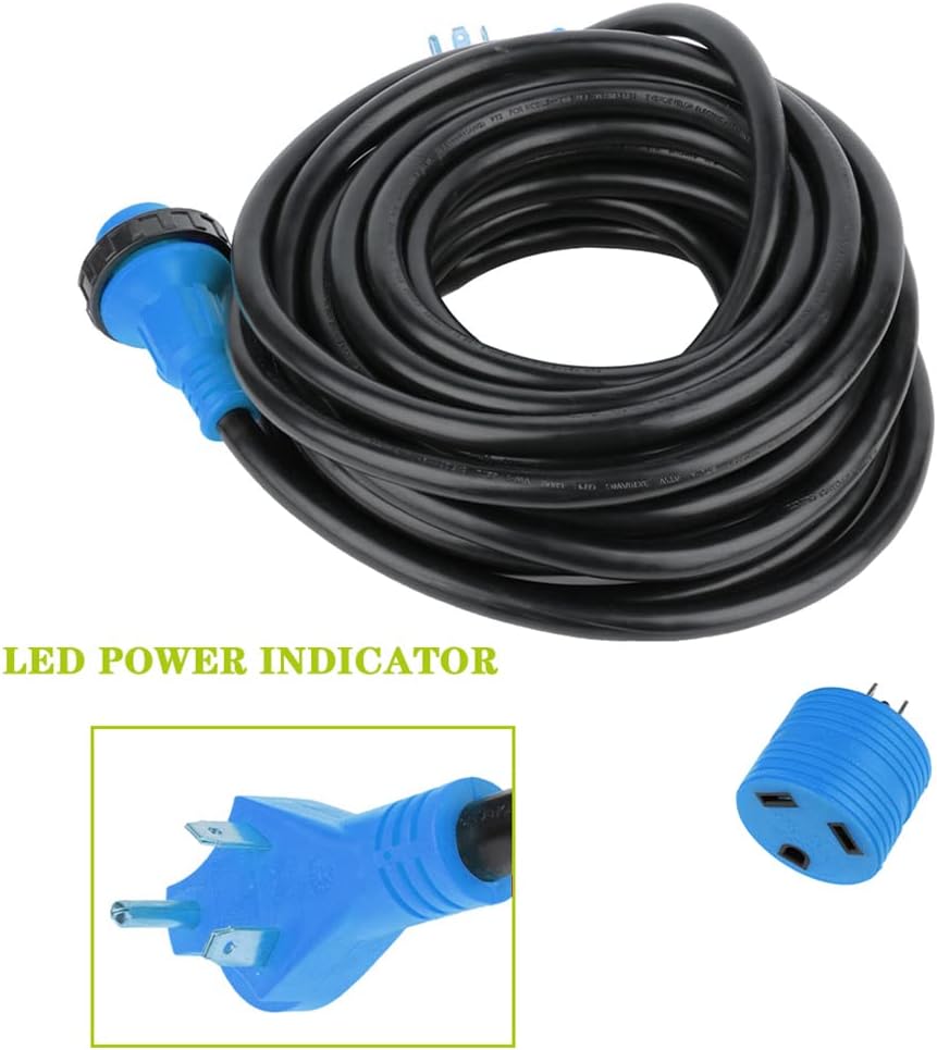 SCITOO RV Cord 50 Feet 30 Amp RV Extension Cord, Heavy Duty STW 10AWG 3 Wire with LED Power Indicator, Free 30A Female to 15A Male Adaptor