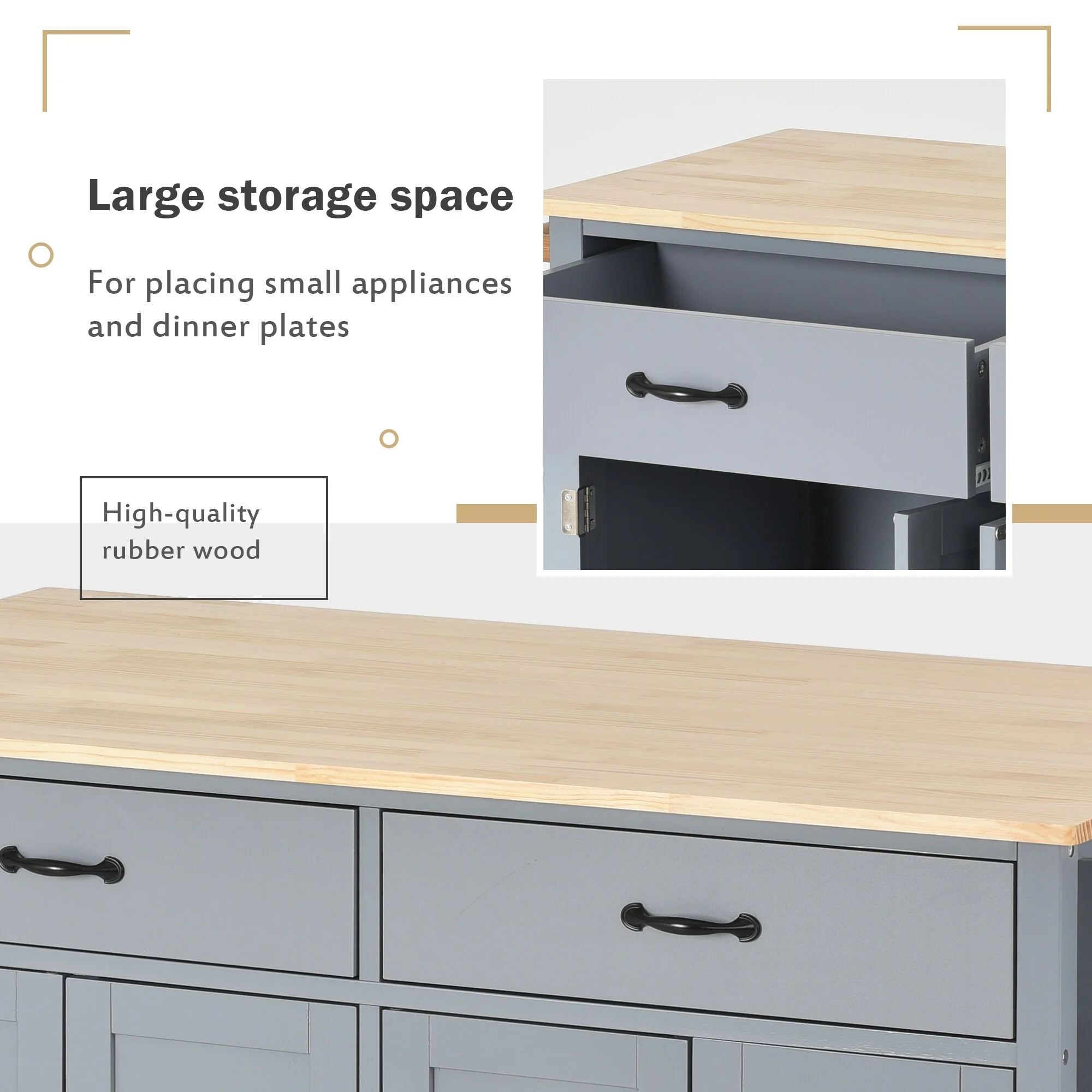 Lordear Kitchen Island Cart Cabinet with Solid Wood Top and Locking Wheels, Spice Rack and Towel Rack Grey - Radiant Selections