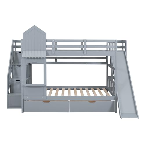 SOFTSEA Twin Over Twin Bunk Bed with Slide and Storage Solid Wood Bunk Bed Frame with Staircase and Drawers, Pink