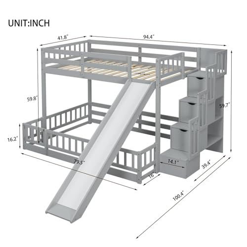 Bunk Beds Twin Over Full Size, Pine Solid Wooden Bunk Bed with Slide, Storage Staircase, Safety Guardrails for Kids, White