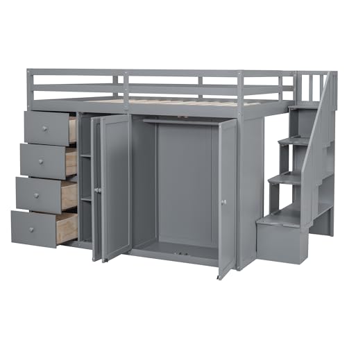 Full Size Loft Bed with Desk & Wardrobe, Solid Wood Kids Loft Bedframe w/3 Storage Drawers & 2 Shelves, Maximum Space Design, for Bedroom, Dorm, Gray