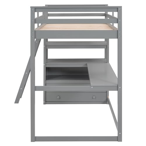 Full Size Loft Bed with Desk & Wardrobe, Solid Wood Kids Loft Bedframe w/3 Storage Drawers & 2 Shelves, Maximum Space Design, for Bedroom, Dorm, Gray