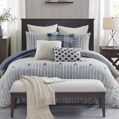 Madison Park King Comforter Set Clipped Jacquard Stripes with Buttons Boho Comforter for a King-Size Bed