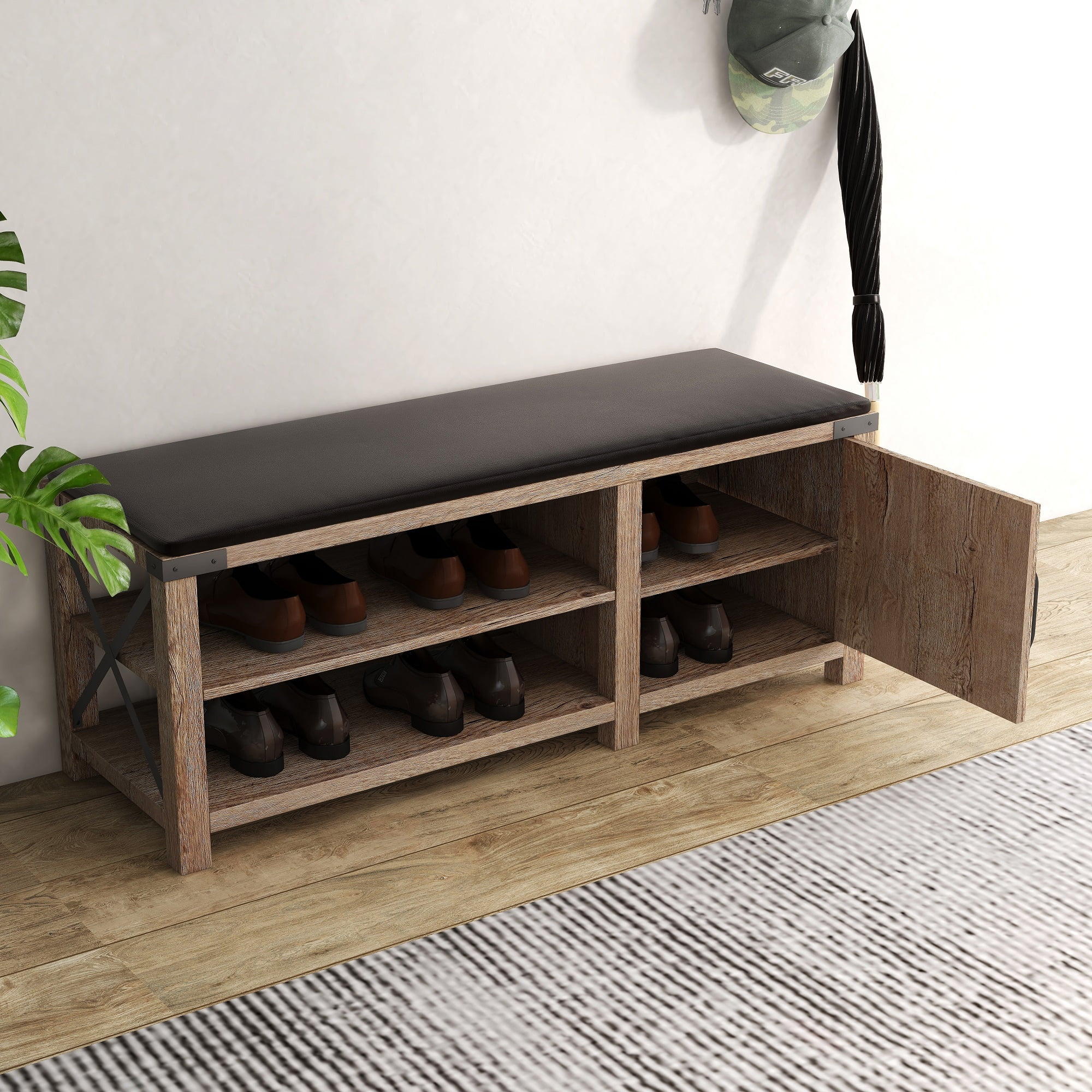 Shoe Bench Entryway with Storage, Shoe Rack Bench with Cushion Seat, Farmhouse 2-Tier Shoe Storage Bench for Entryway Bedroom, Hallway