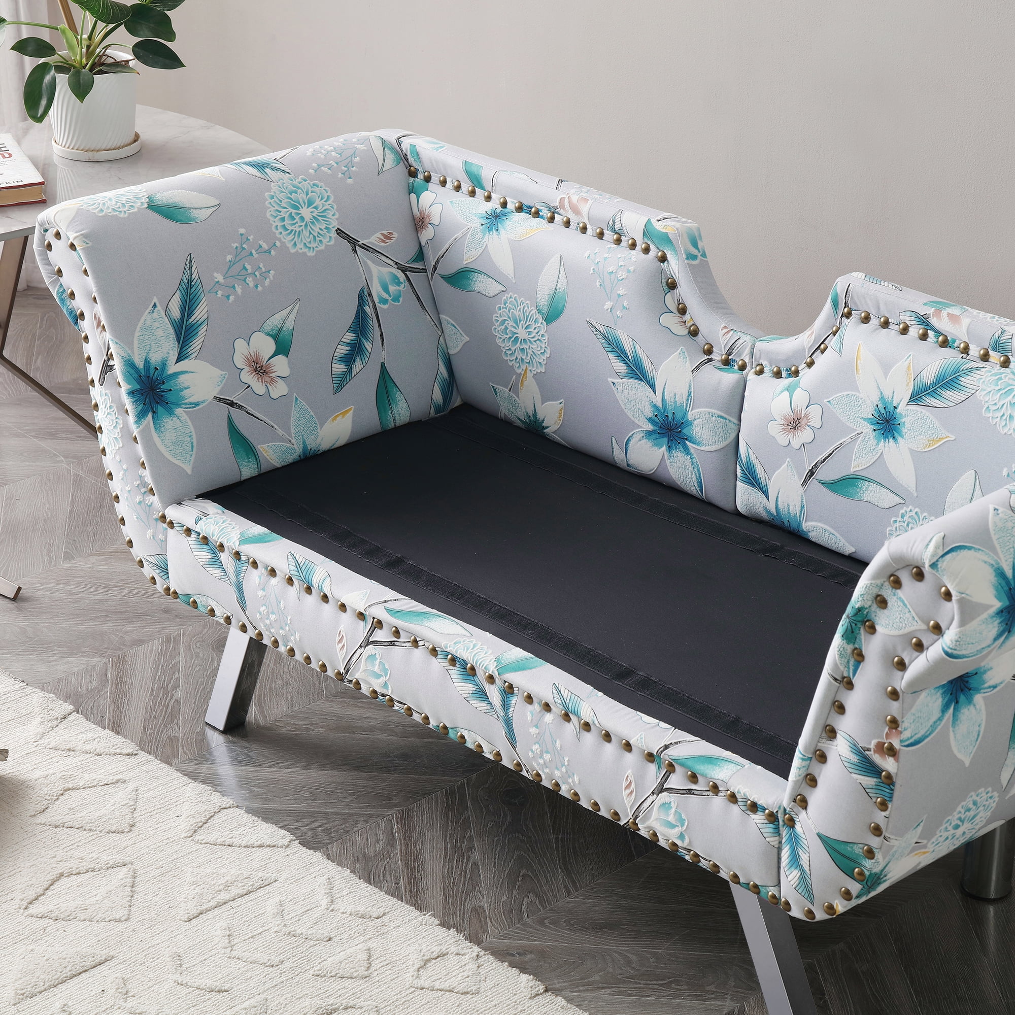 Modern Velvet Upholstered Loveseat Sofa, End of Bed Bench Settee with Nailhead Trim Arms Removable Cushion Metal Legs