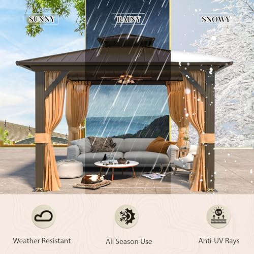 YOLENY 10' x 12' Hardtop Gazebo, Metal Gazebo with Aluminum Frame, Double Galvanized Steel Roof, Curtains and Netting Included