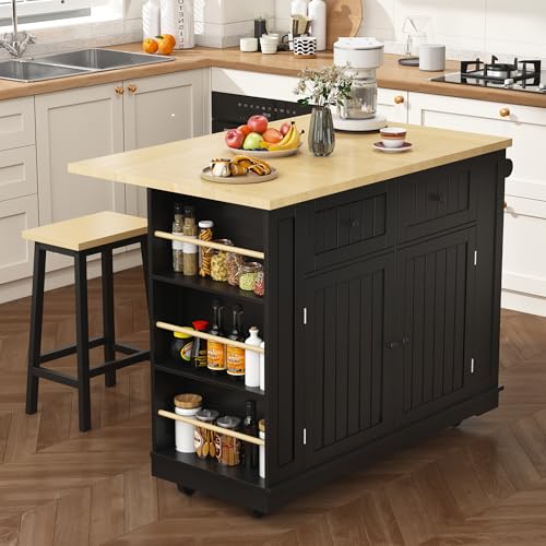 Kitchen Island with Drop Leaf & Power Outlet, Rolling Kitchen Islands Cart with 5 Open Storage Shelves & Towel Rack
