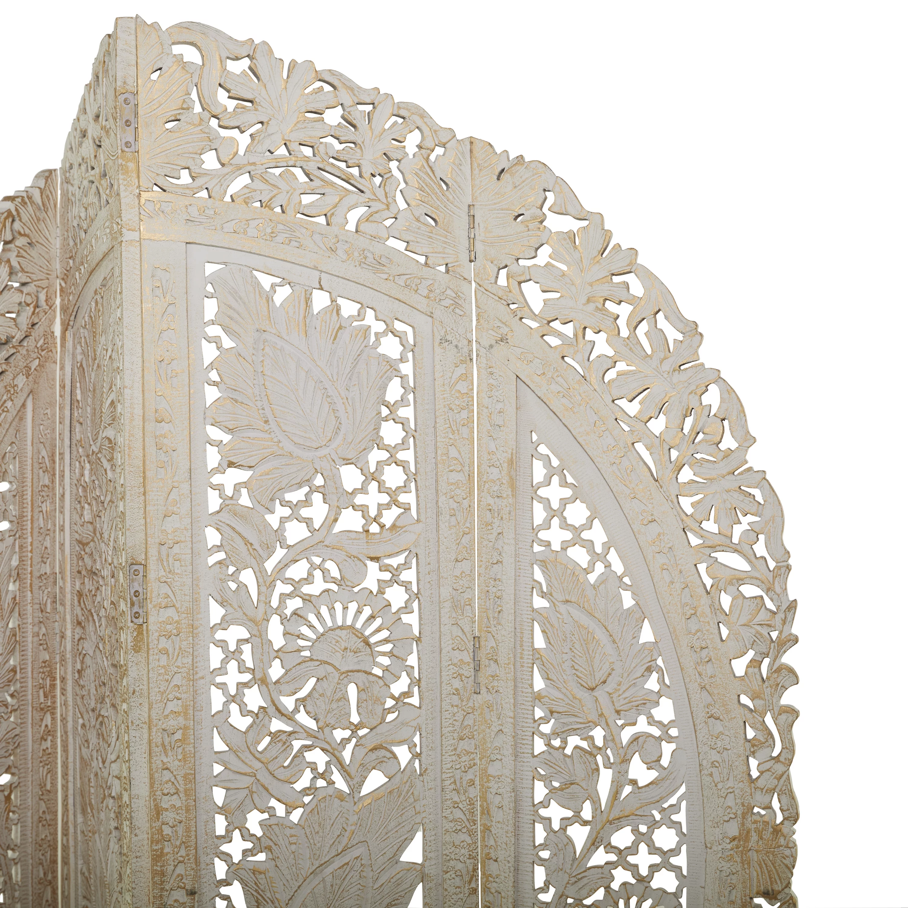 DecMode 60" x 72" White Wood Floral Handmade Foldable Arched Partition 4 Panel Room Divider Screen with Intricately Carved Designs, 1-Piece
