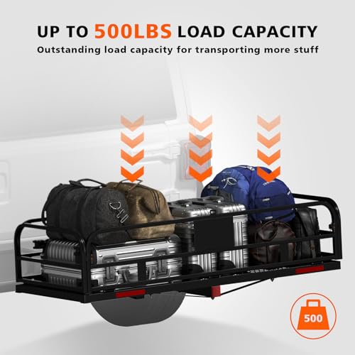Hitch Mount Cargo Carrier Basket 500 LBS Folding Vehicle Cargo Baskets 60" x 24" x 14" Fits 2" Receiver with 2" Hitch Stabilizer for SUV