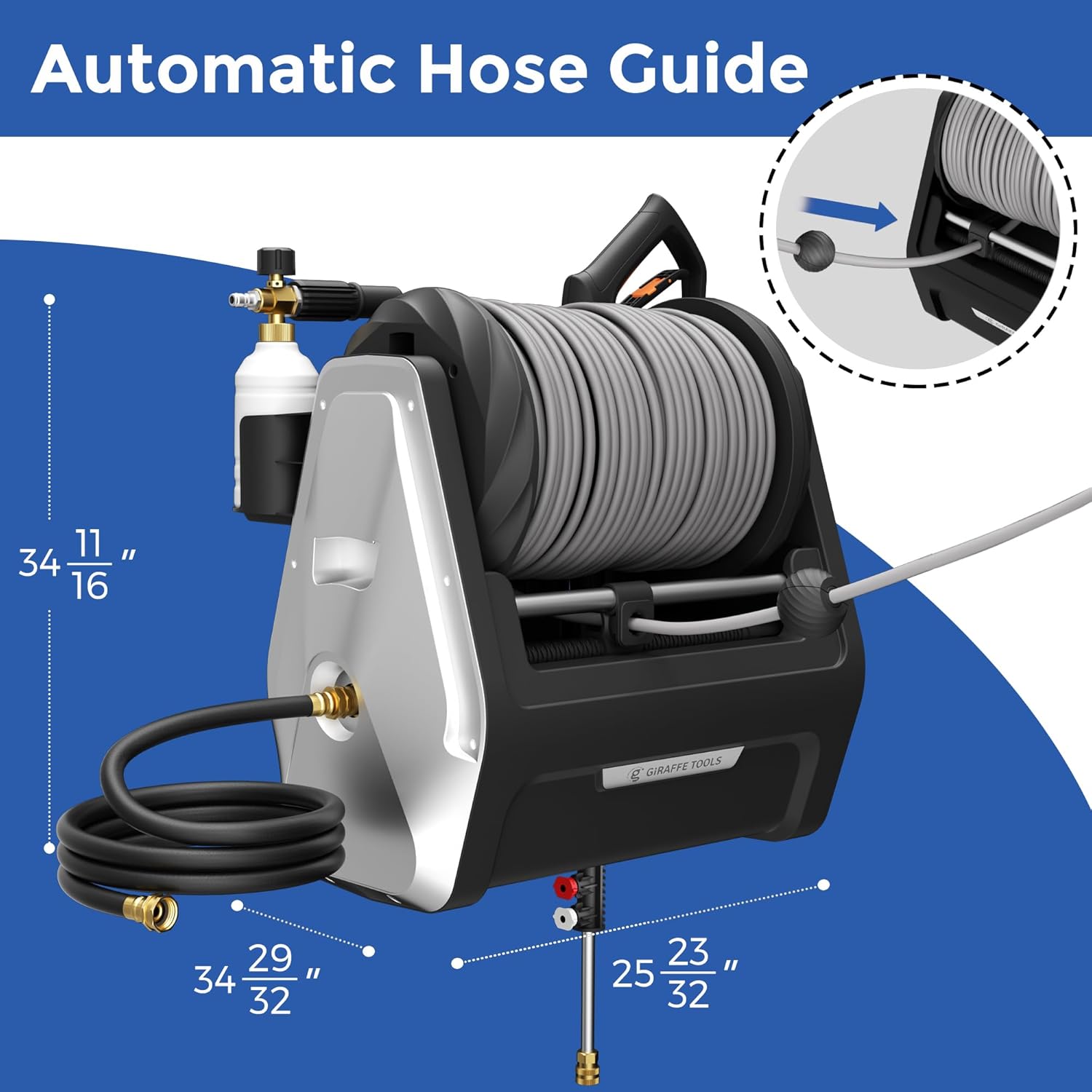 Giraffe Tools Grandfalls Pressure Washer Plus, Electric Wall Mount Power Washer with 100FT Retractable Ultra-Soft Pressure Hoses, 2200PSI, 2.4GPM