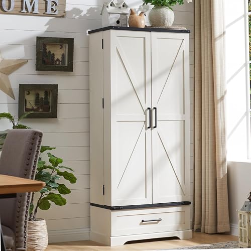 72" Farmhouse Kitchen Pantry Cabinet with Drawer, Tall Storage Cabinet with 2 Barn Doors and Shelves, Versatile Large Rustic Cupboard for Dining Room