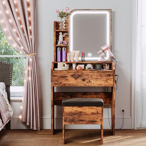 LIKIMIO Small Makeup Vanity Desk with Mirror and Lights, Vanity Table Set with Storage Drawer, Chair and Three Shelves, Bedroom, White