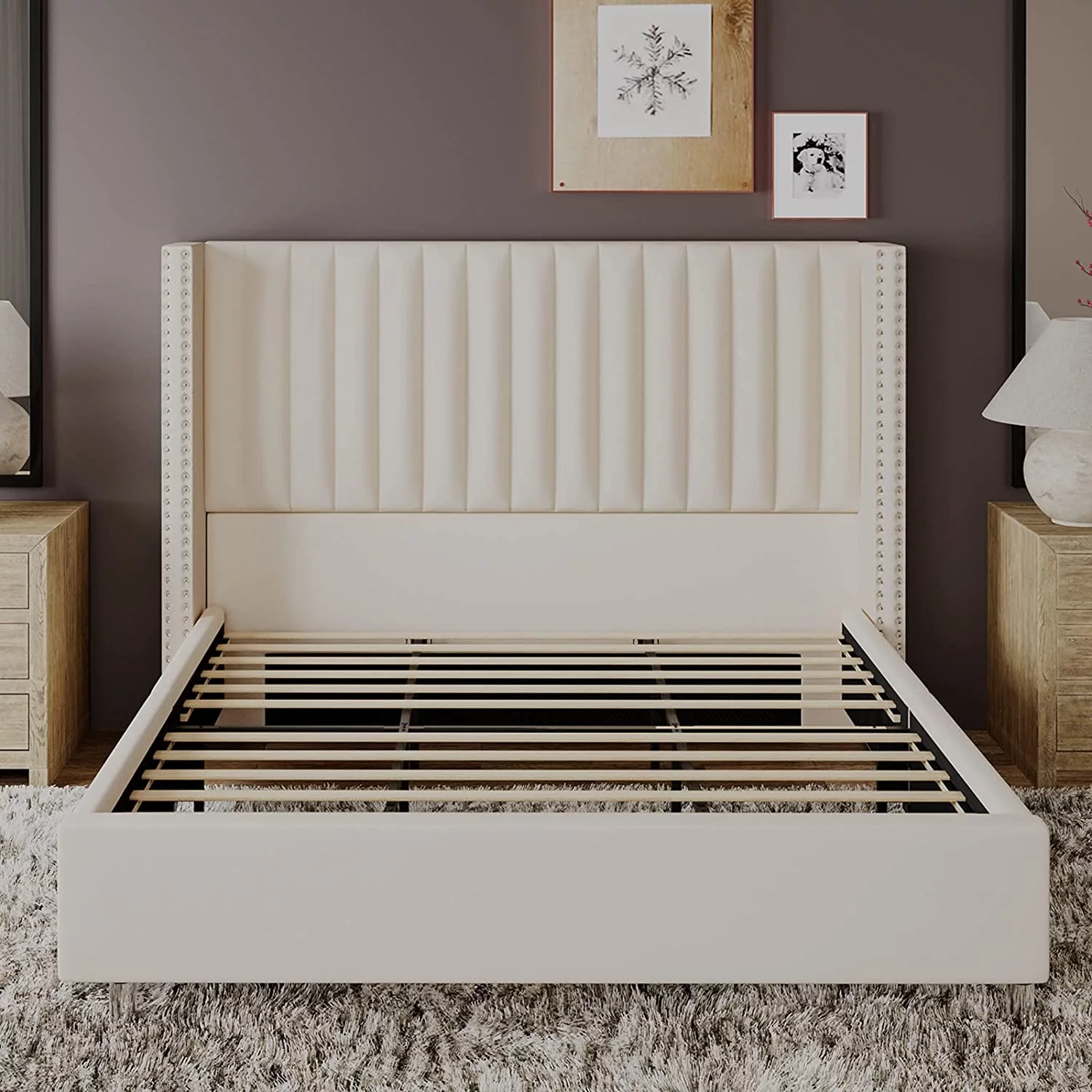 Jocisland Bed Frame King Size Upholstered Bed Wingback Headborad Velvet Channel Tufted/No Box Spring Needed/Cream