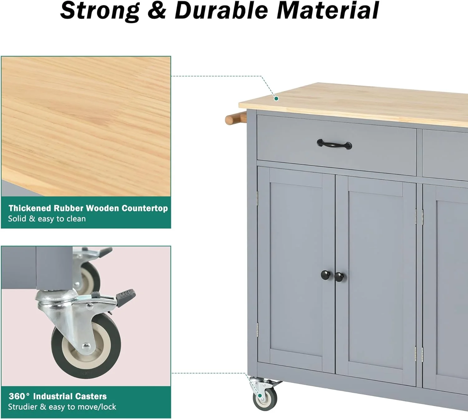 Large Kitchen Island With Solid Wood Top, Storage Cabinets And Drawers, Mobile Kitchen Island Cart With Spice Rack And Towel Rack