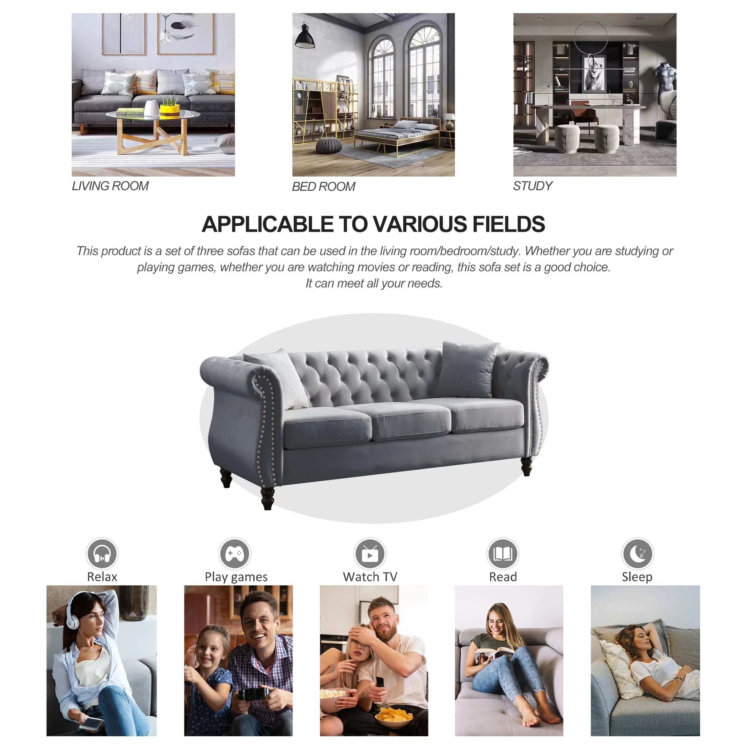 Ufurpie 80" 3-Seater Velvet Chesterfield Sofa with 2 Pillows,Tufted Couch with Rolled Arms and Nailhead,for Living Room,Bedroom,Office,Apartment,Gray