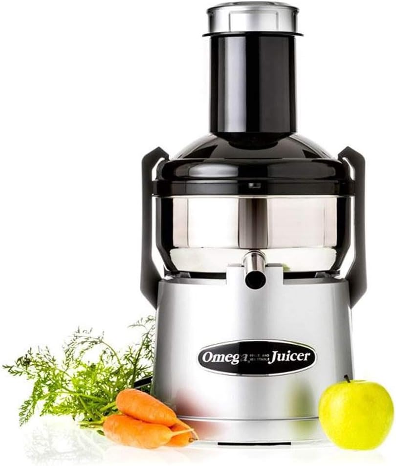 Omega BMJ330 Mega Mouth Juicer with Extra Large Feed Chute for Larger Portions of Fruits and Vegetables Ejection with Pulp Catch Bucket, 375W, Silver
