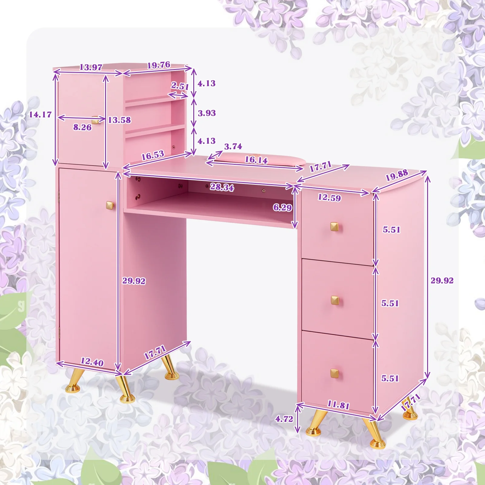 LUXMARS Manicure Table Nail Table for Technician w/Wrist Rest & Plastic Table Mat, Acetone Resistant Nail Desk Station w/Large Capacity Storage Space