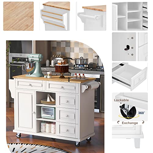 53.5''Farmhouse Kitchen Island with Power Outlet, Kitchen Storage Island with Drop Leaf, Spice Rack and Drawer, Rolling Kitchen Cart on Wheels